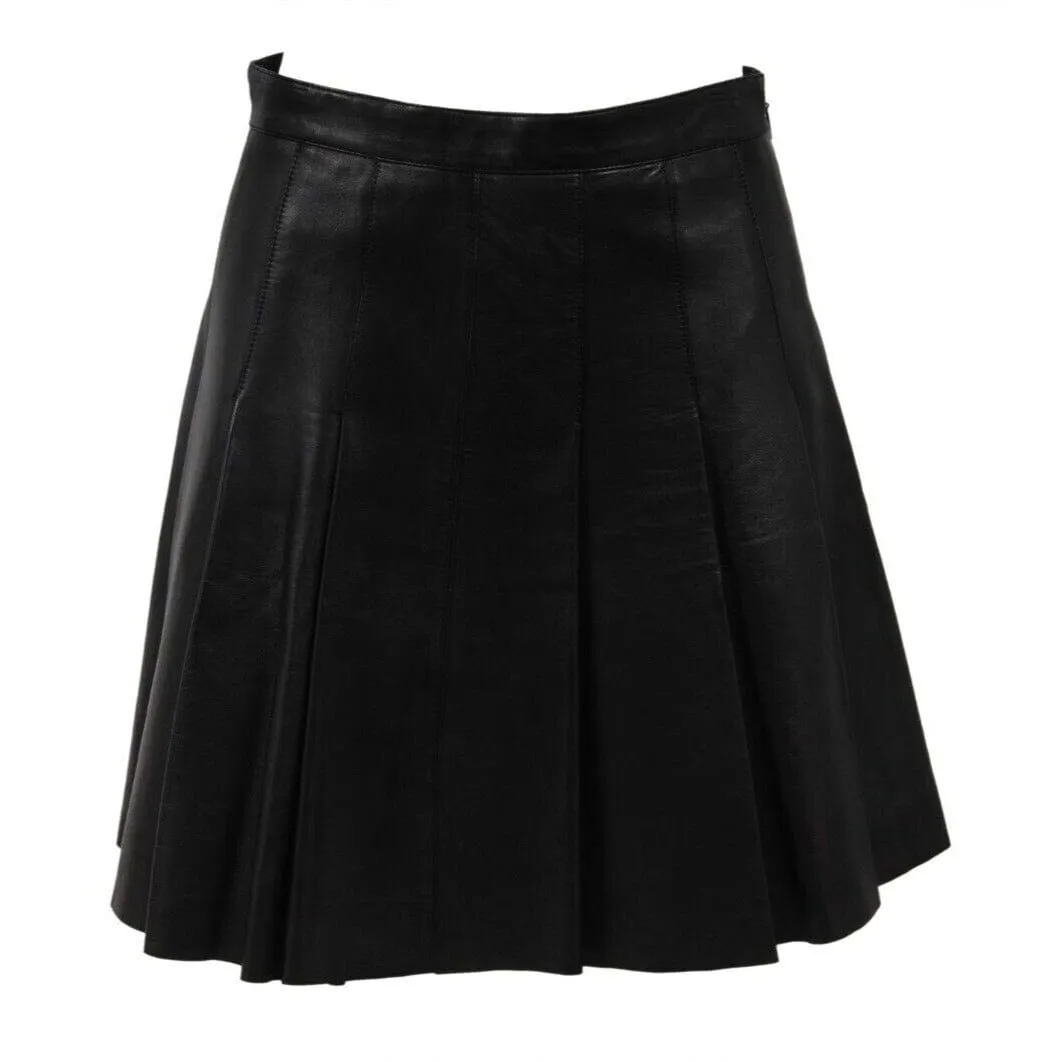 Black Lamb Leather Pleated Mini Skirt
