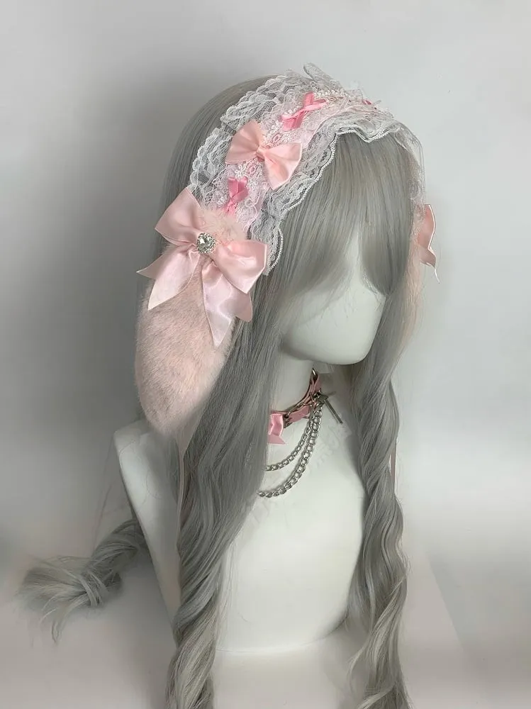 Bunny Ear Bow Heart Rhinestone Ruffled Lace Hairband