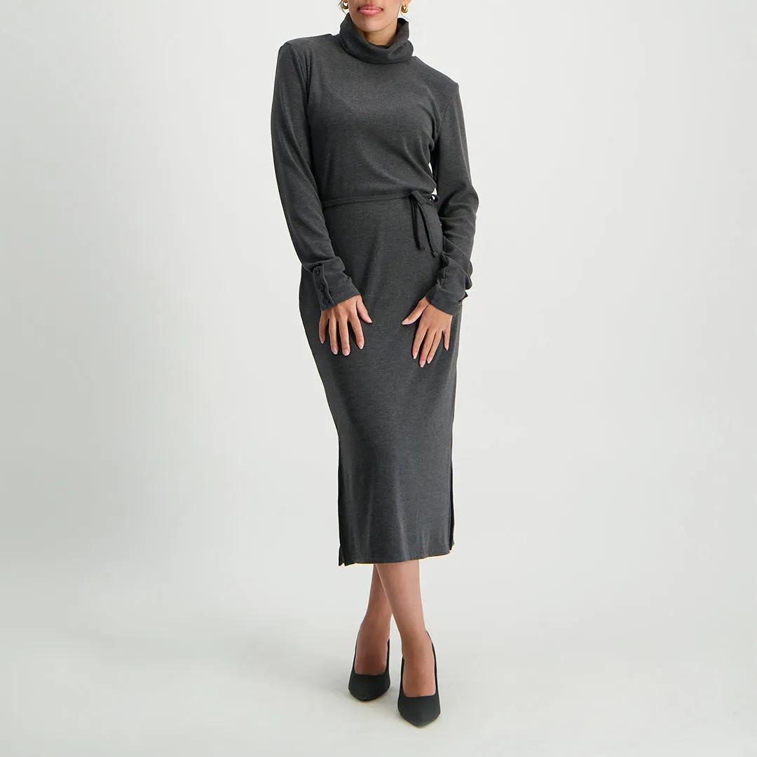 Charcoal long sleeve polo neck rib dress
