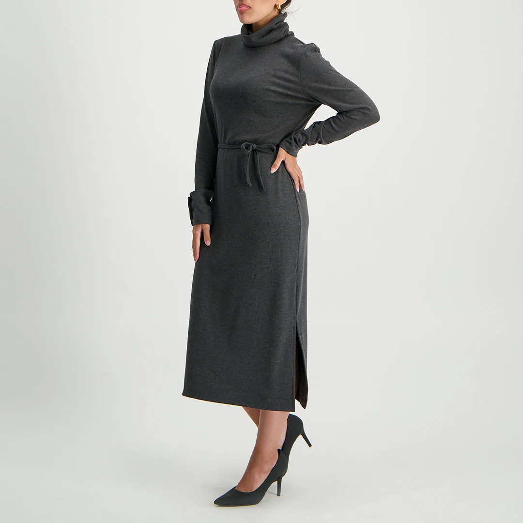 Charcoal long sleeve polo neck rib dress