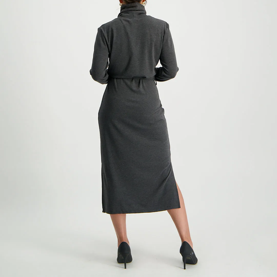 Charcoal long sleeve polo neck rib dress