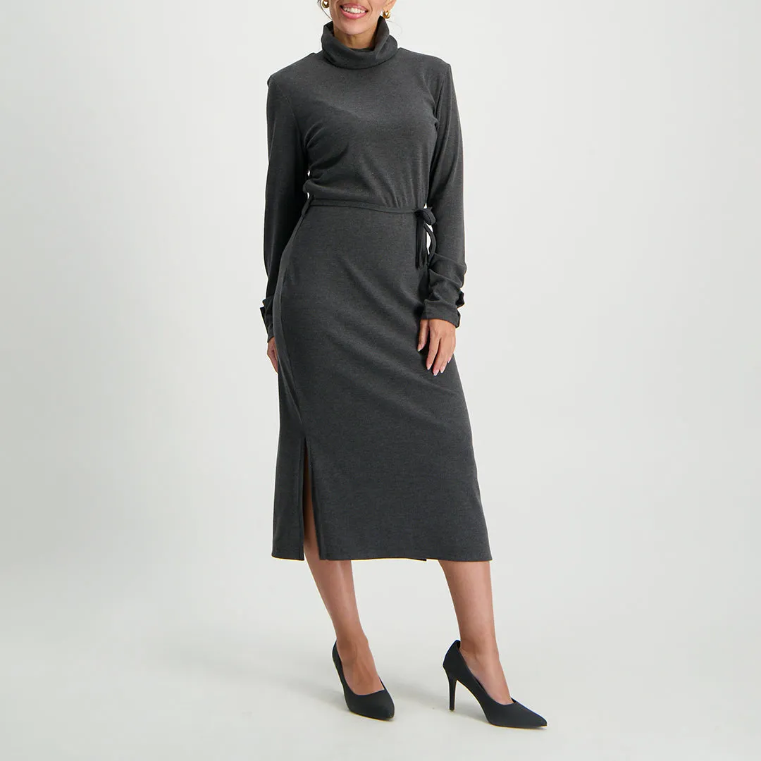 Charcoal long sleeve polo neck rib dress