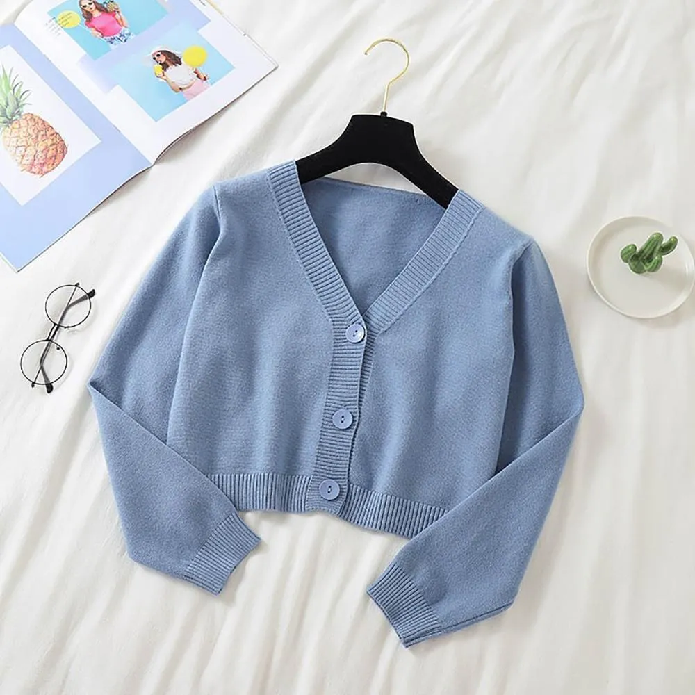 Cropped Dainty Colored Knitted Cardigan Sweater