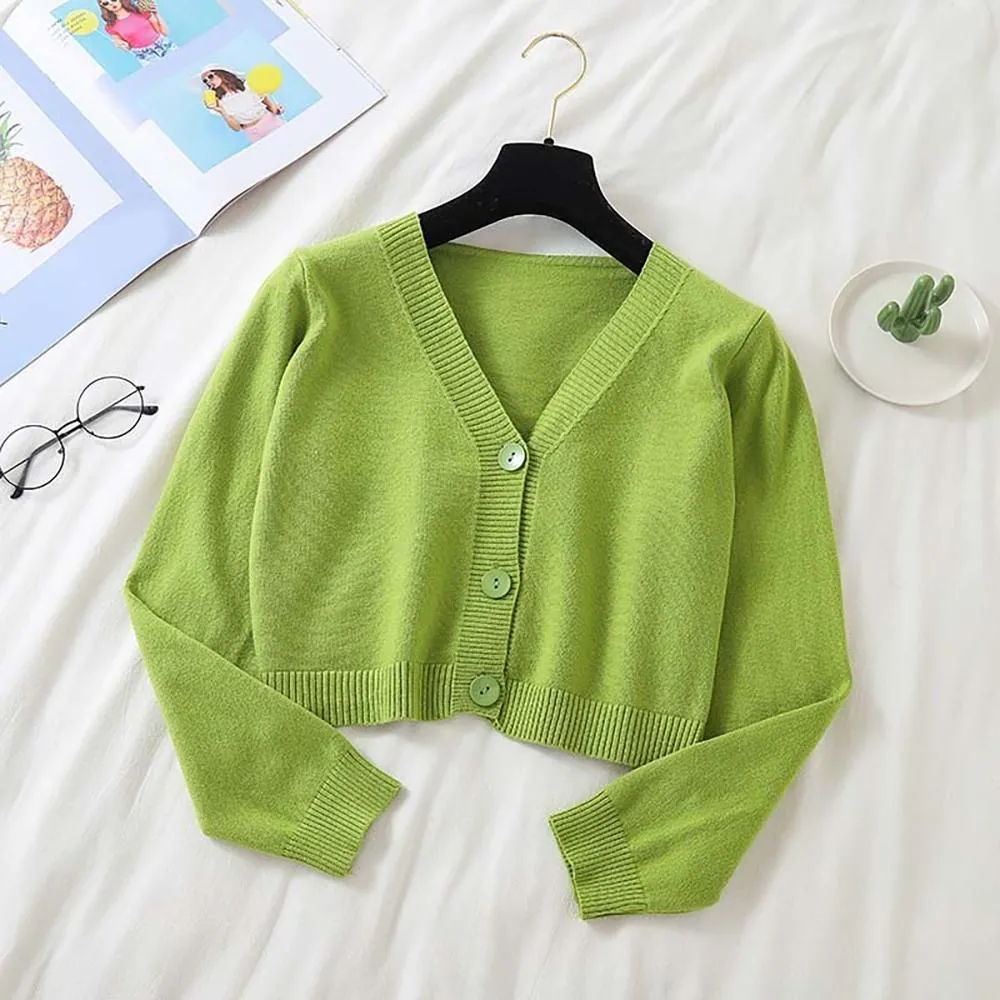 Cropped Dainty Colored Knitted Cardigan Sweater