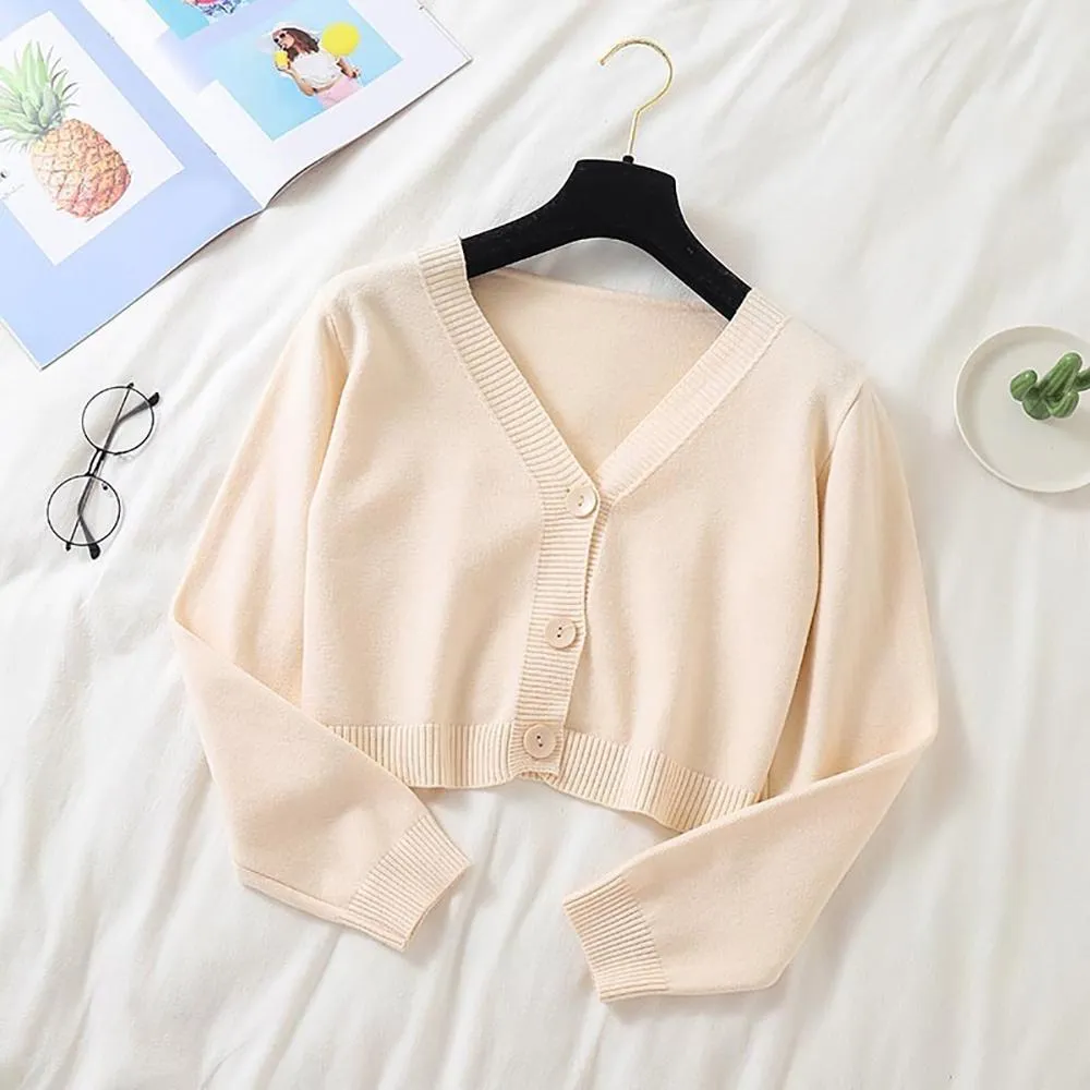 Cropped Dainty Colored Knitted Cardigan Sweater