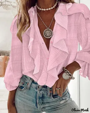 Deanwangkt - Textured Long Sleeve Blouse with Ruffled Hem