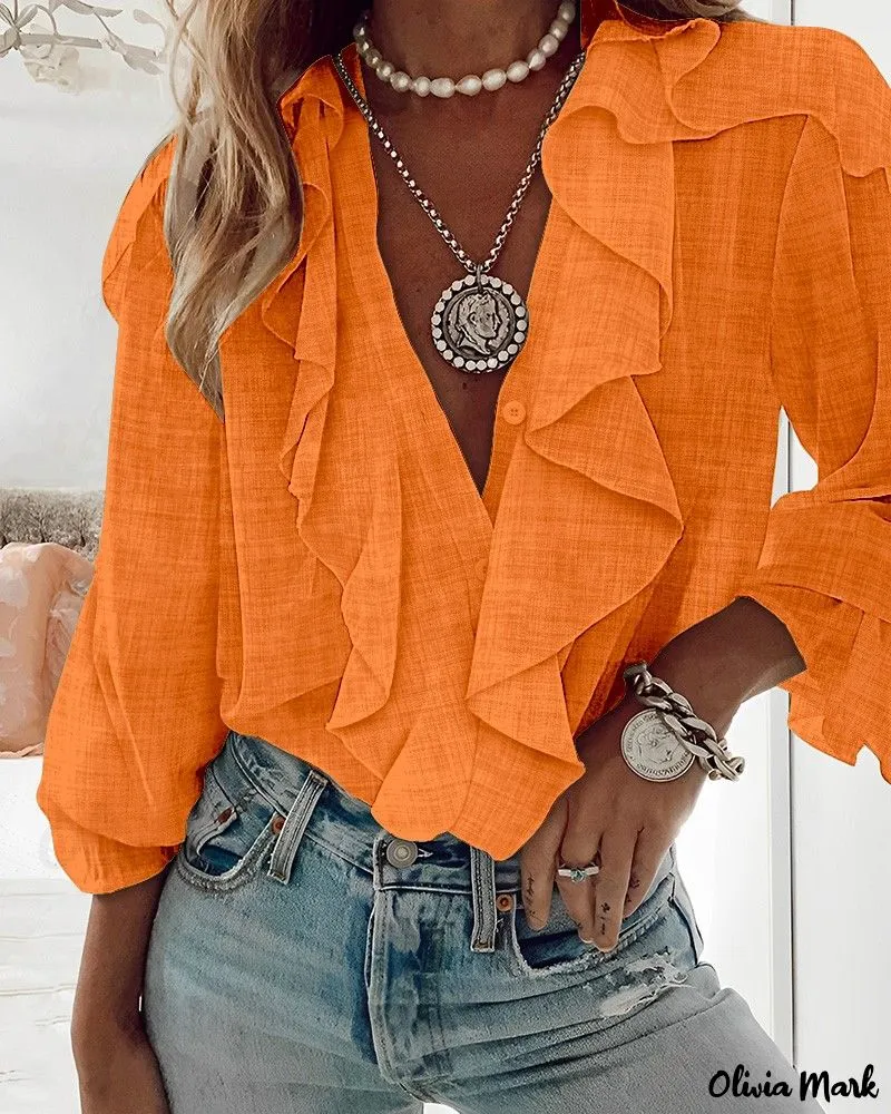 Deanwangkt - Textured Long Sleeve Blouse with Ruffled Hem