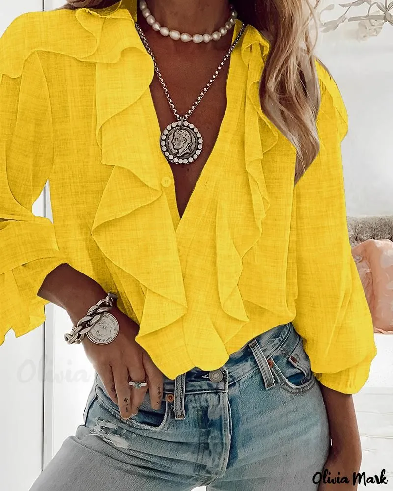 Deanwangkt - Textured Long Sleeve Blouse with Ruffled Hem