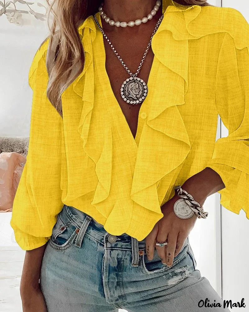 Deanwangkt - Textured Long Sleeve Blouse with Ruffled Hem
