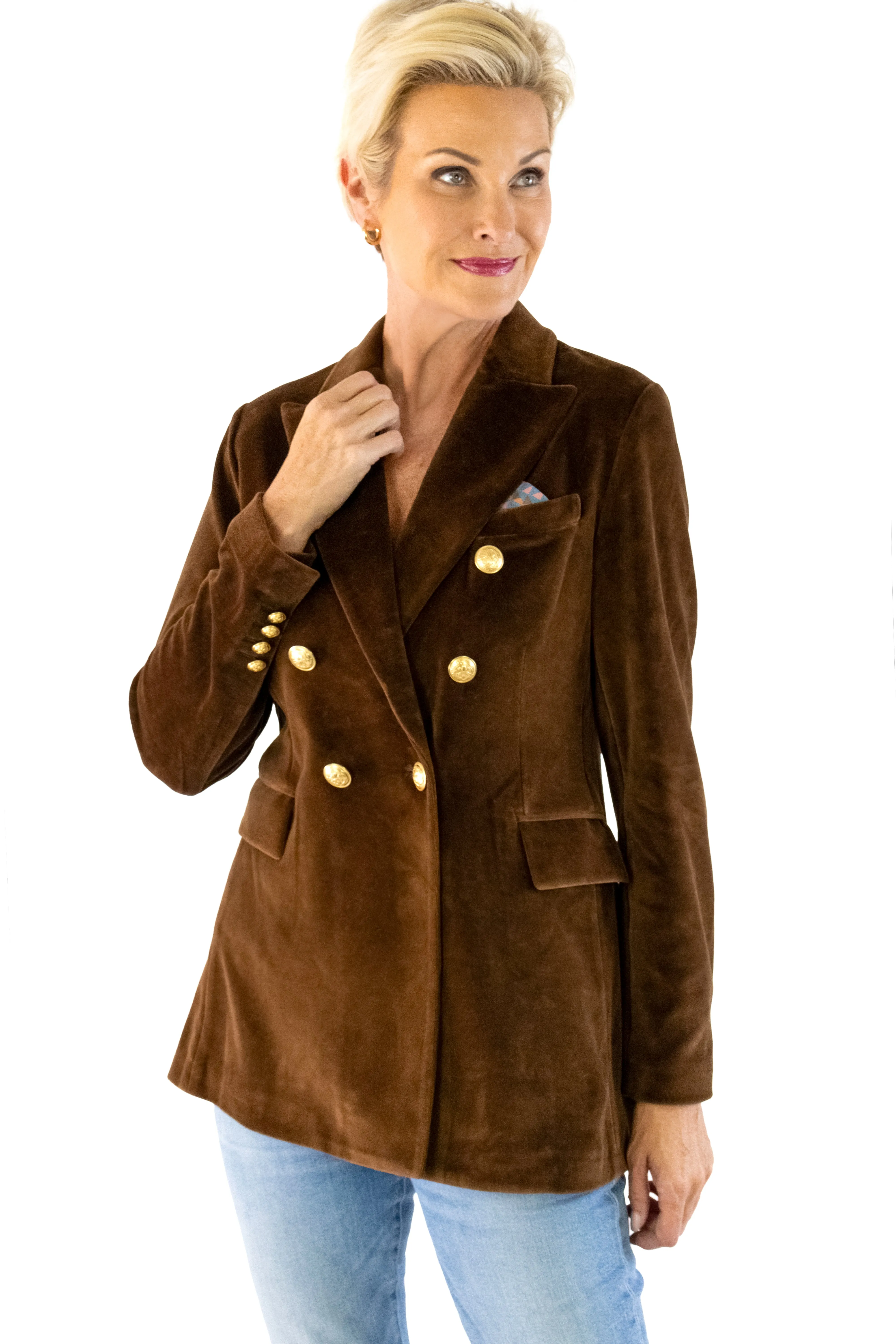 Double Breasted Velour Blazer - Argan Brown