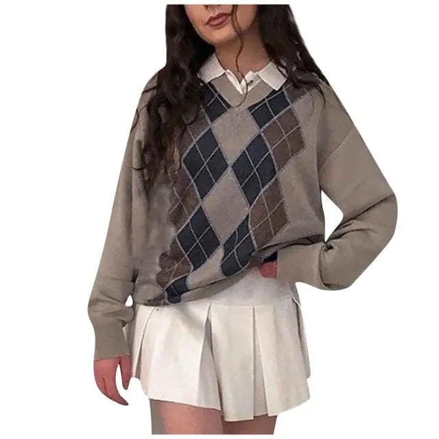 DressBetty - Women Fashion Preppy Diamond Plaid Printed Knitted Sweater