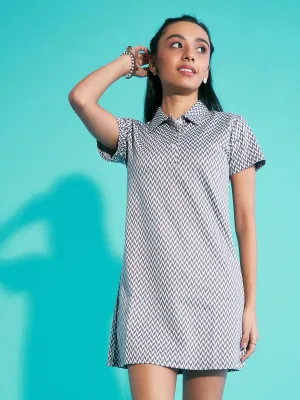 Girls White & Grey Herringbone Polo Neck Dress