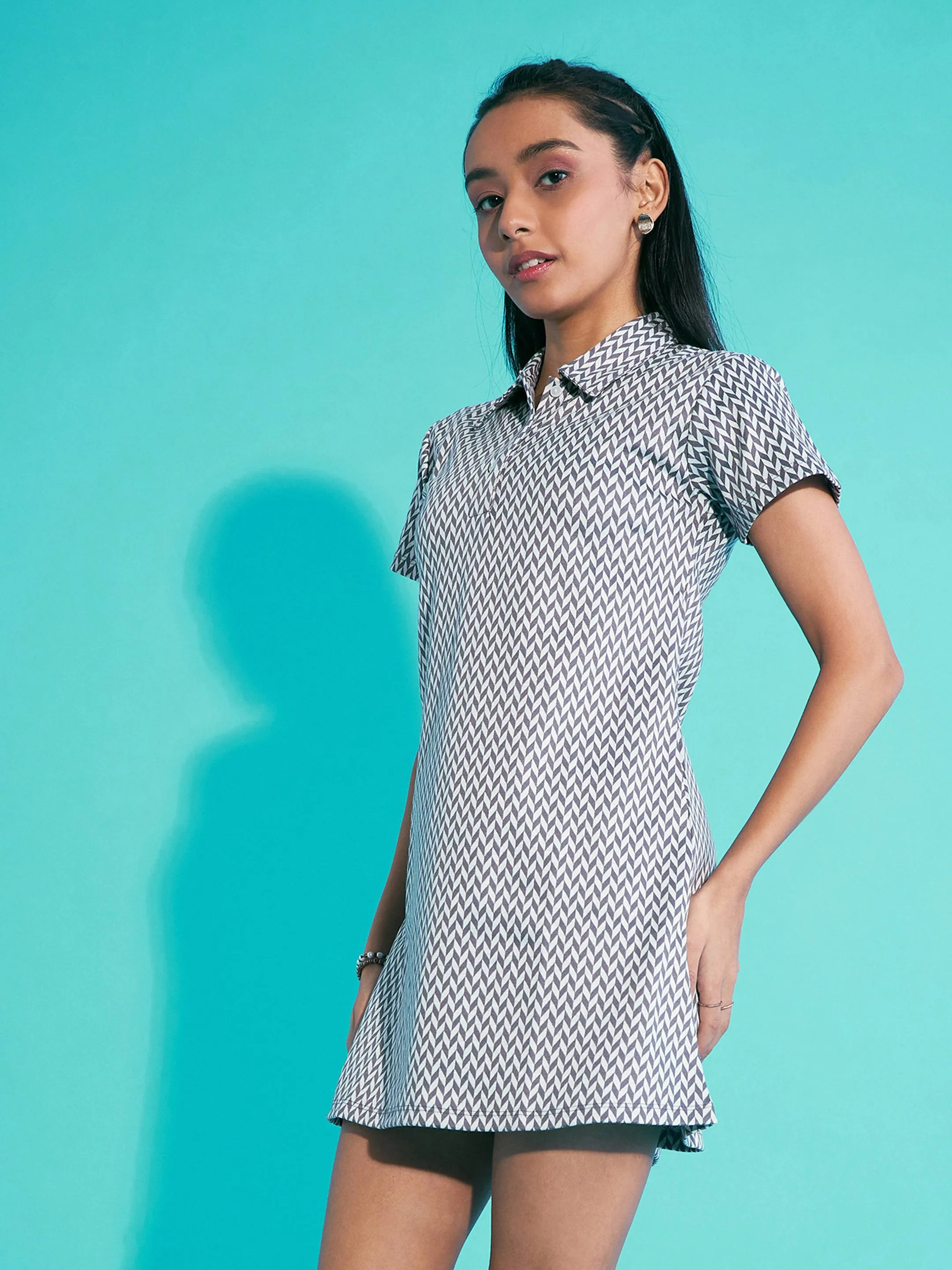 Girls White & Grey Herringbone Polo Neck Dress