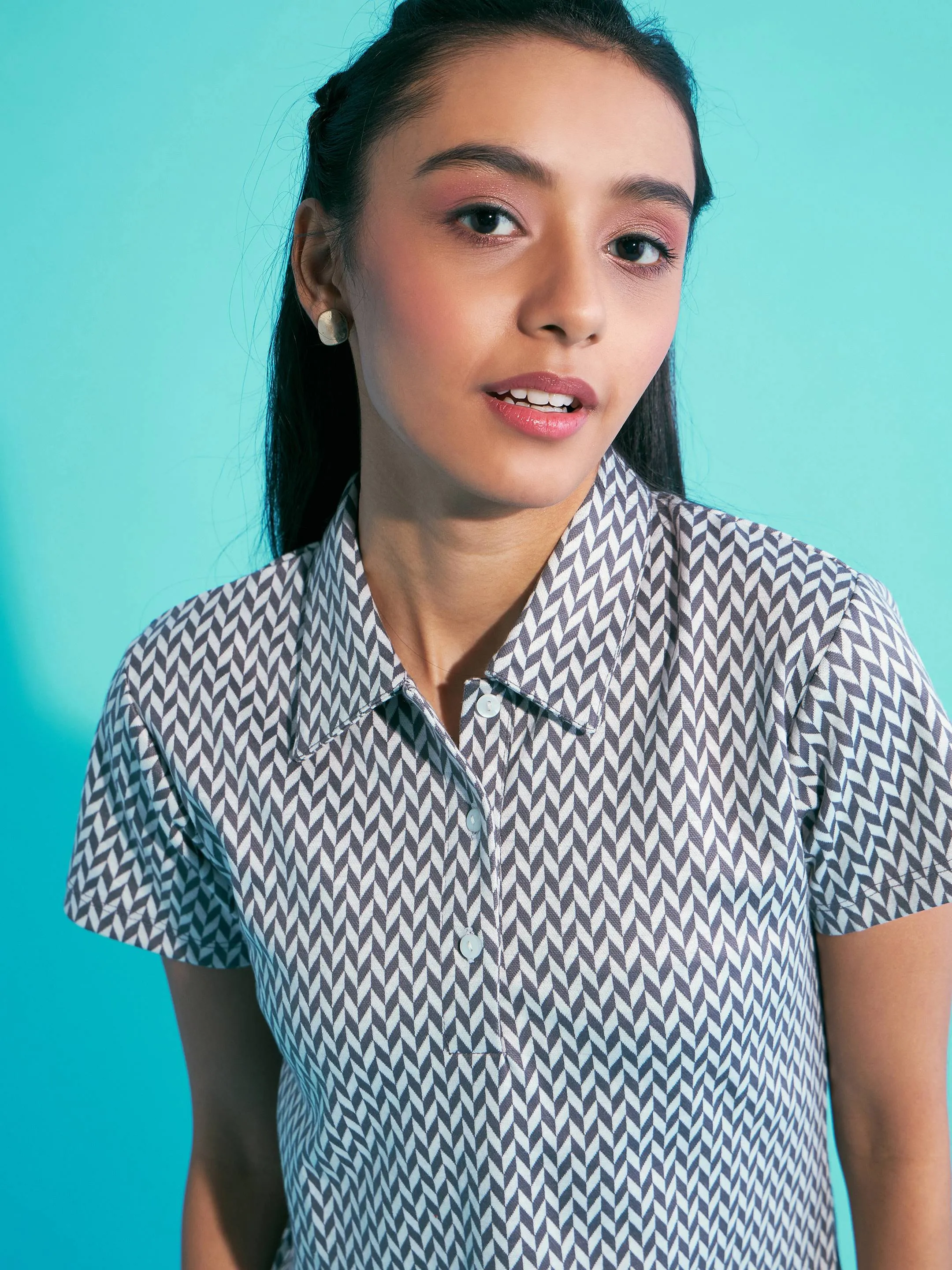 Girls White & Grey Herringbone Polo Neck Dress