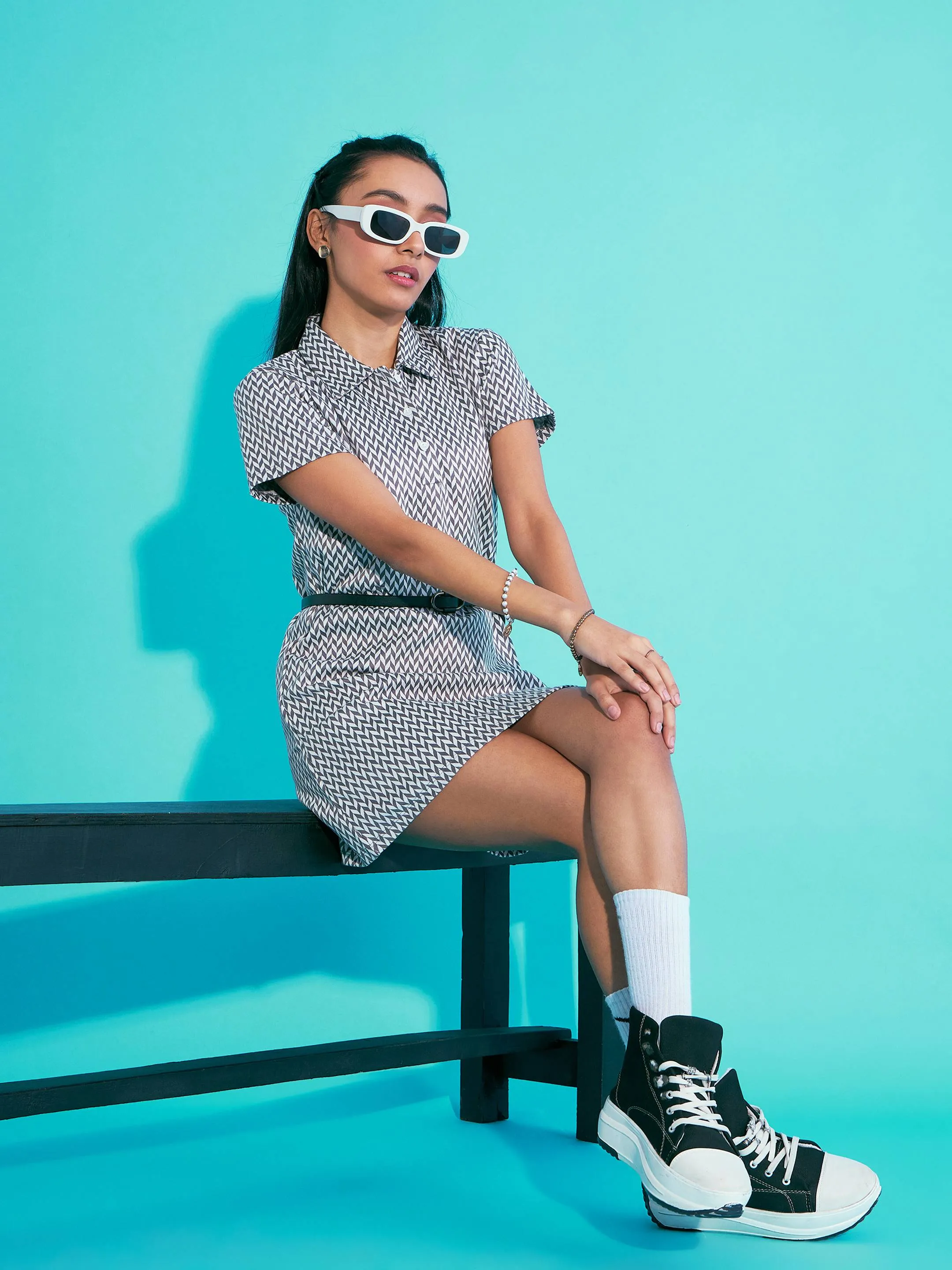 Girls White & Grey Herringbone Polo Neck Dress