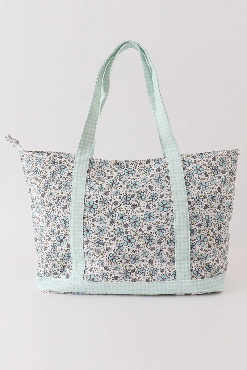 Green floral plaid tote bag