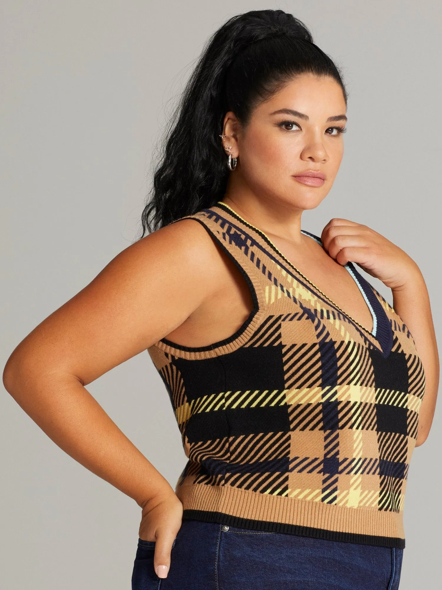 Hadley Plaid V-Neck Cropped Sweater Vest