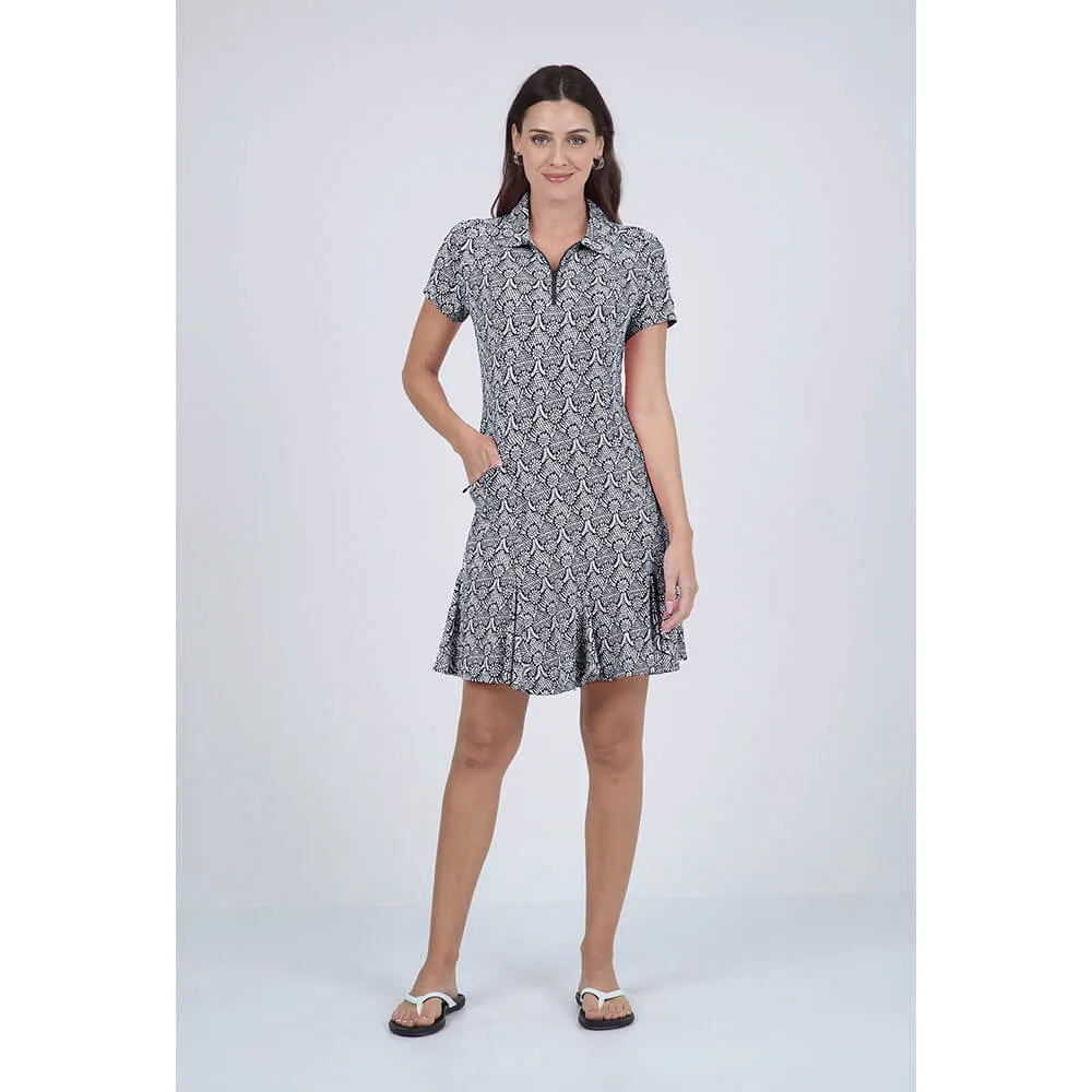 IBKUL Women's Leslie Print Short Sleeve Polo Dress - Black/White