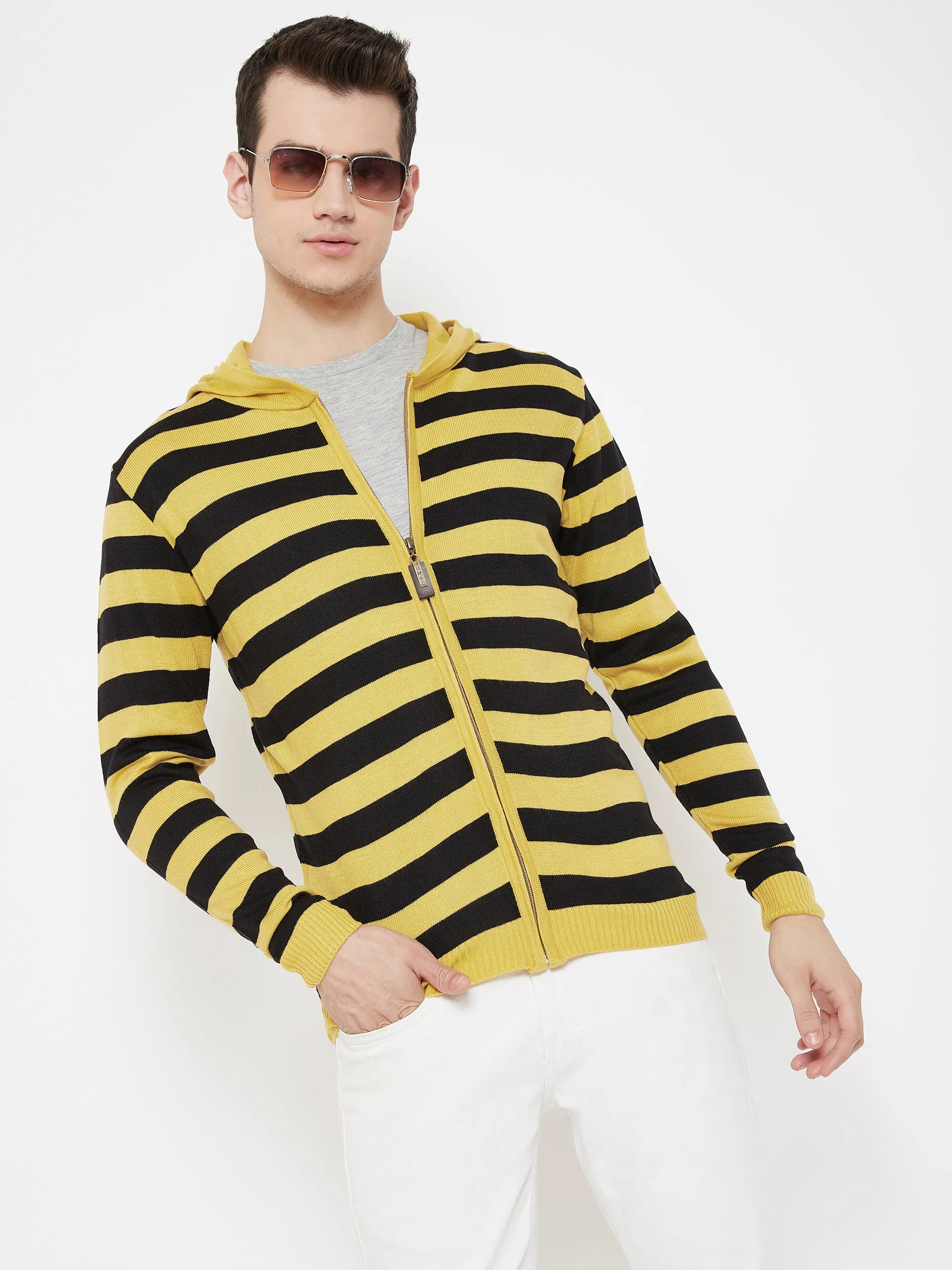 JUMP USA Men Yellow Striped Hood Casual Front-Open Sweaters