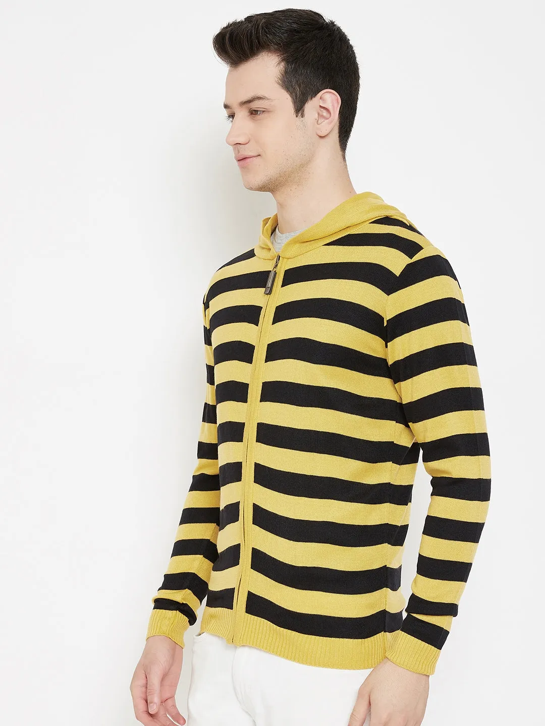 JUMP USA Men Yellow Striped Hood Casual Front-Open Sweaters
