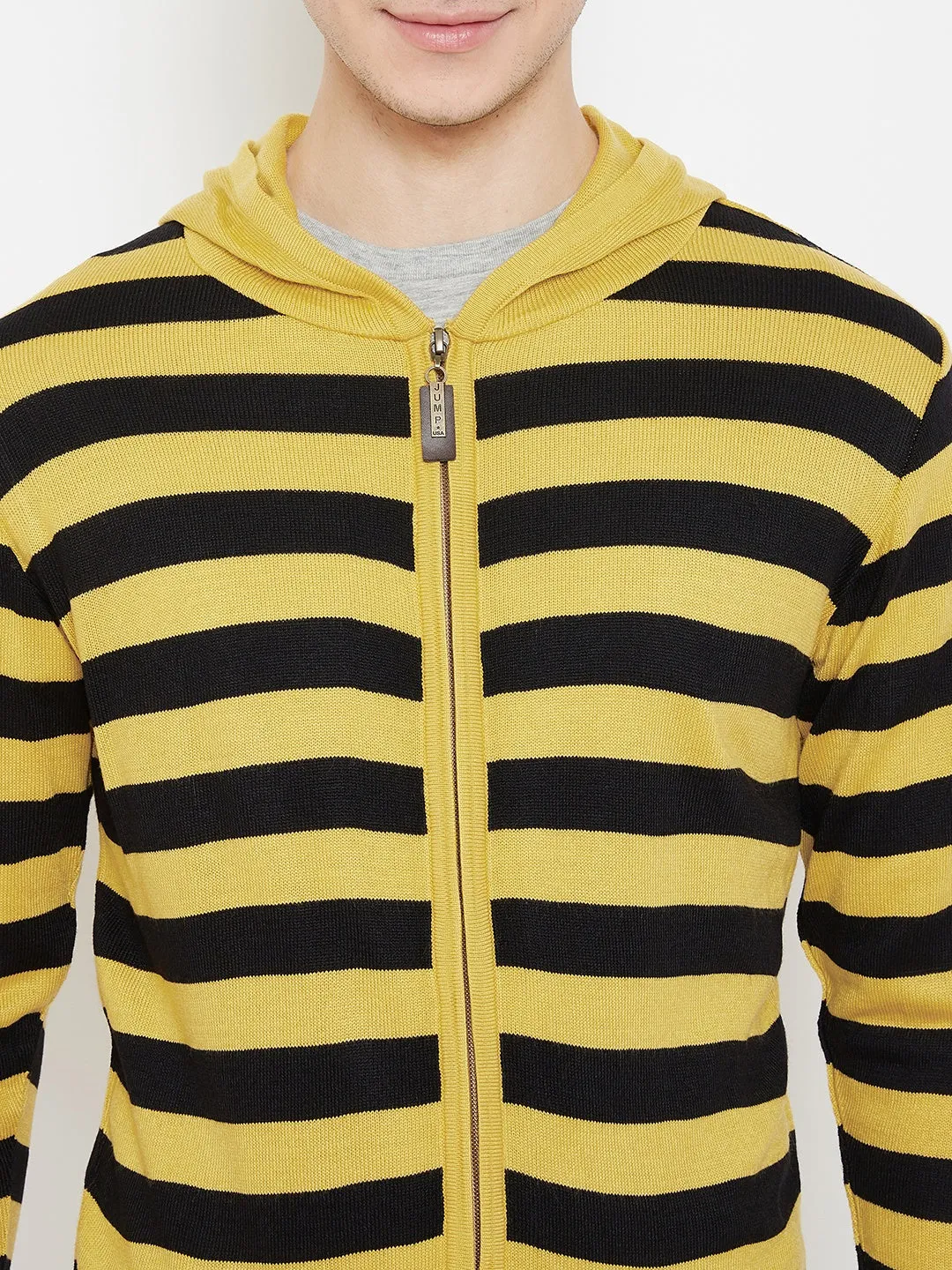 JUMP USA Men Yellow Striped Hood Casual Front-Open Sweaters