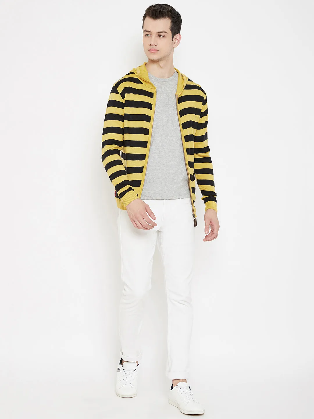 JUMP USA Men Yellow Striped Hood Casual Front-Open Sweaters