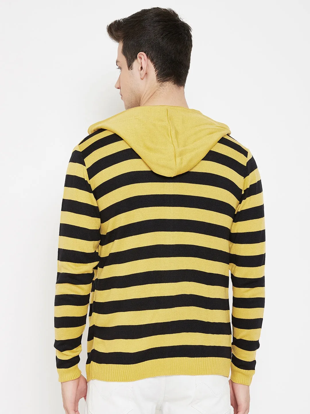 JUMP USA Men Yellow Striped Hood Casual Front-Open Sweaters