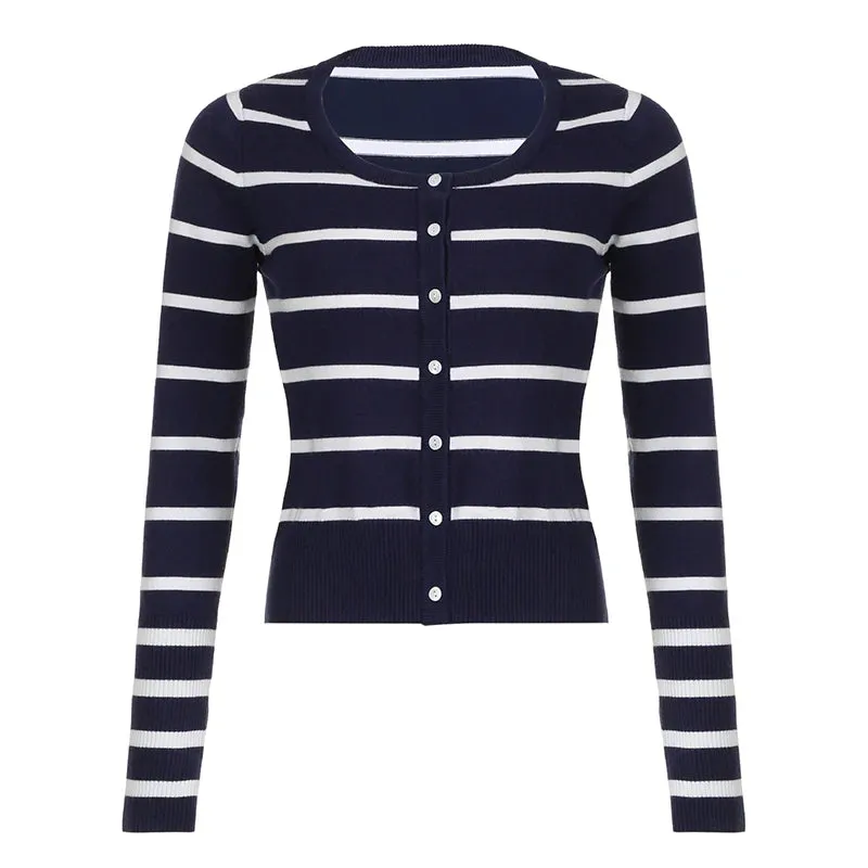 Korean Fashion Stripe Women Sweaters Buttons Up Slim Autumn Cardigan Knitwears Preppy Style Basic Knit Outfits Spring