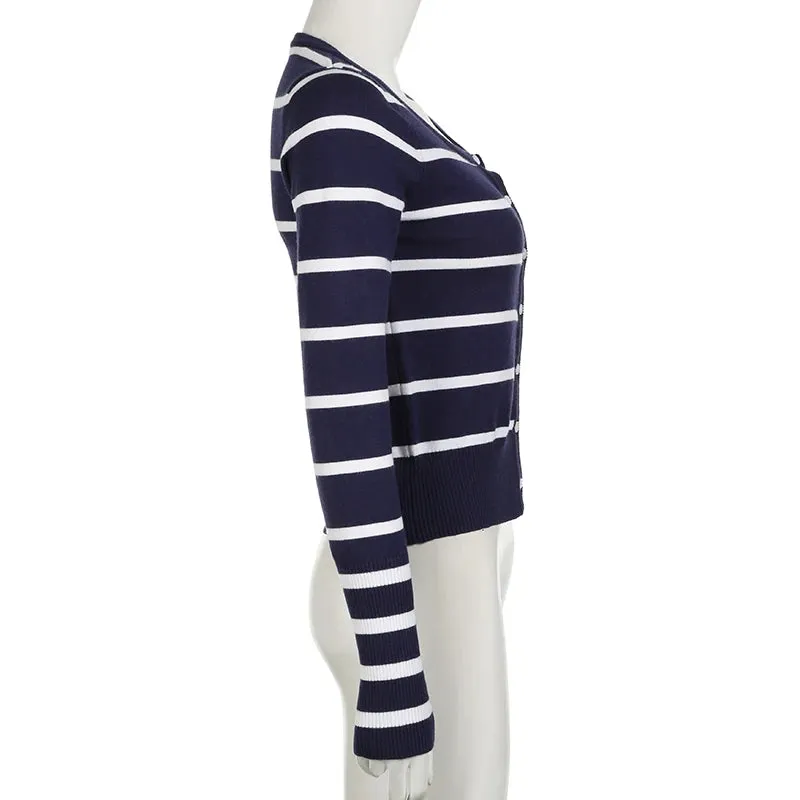 Korean Fashion Stripe Women Sweaters Buttons Up Slim Autumn Cardigan Knitwears Preppy Style Basic Knit Outfits Spring