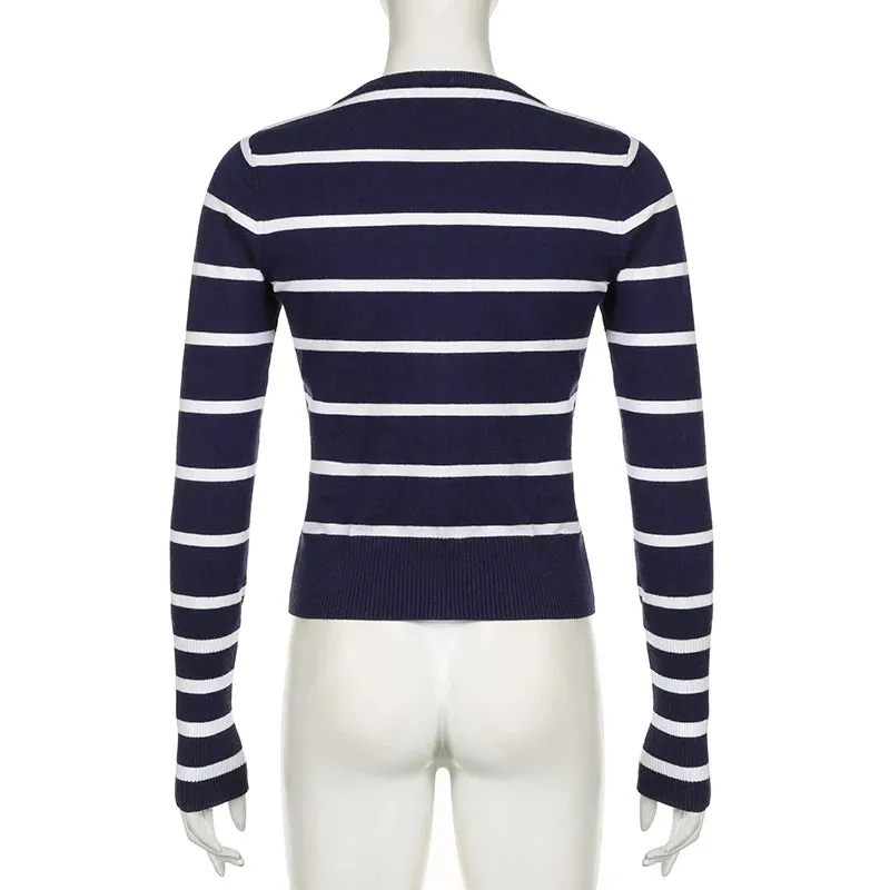 Korean Fashion Stripe Women Sweaters Buttons Up Slim Autumn Cardigan Knitwears Preppy Style Basic Knit Outfits Spring