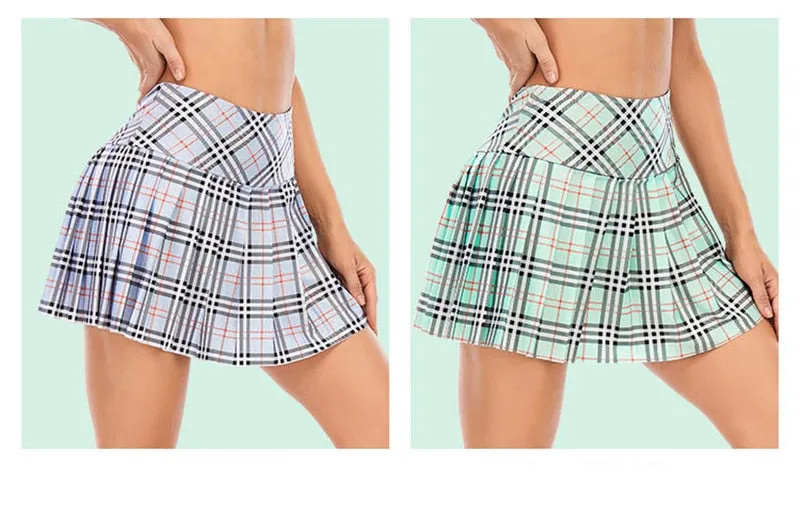 Ladies Summer Tennis Skorts High Waist Stitching Plaid Golf Yoga Dancing Running Fitness Mini Pleated Skirts With Pocket Sportswear