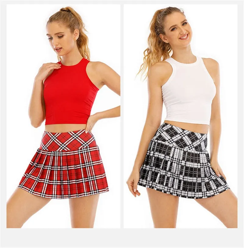 Ladies Summer Tennis Skorts High Waist Stitching Plaid Golf Yoga Dancing Running Fitness Mini Pleated Skirts With Pocket Sportswear