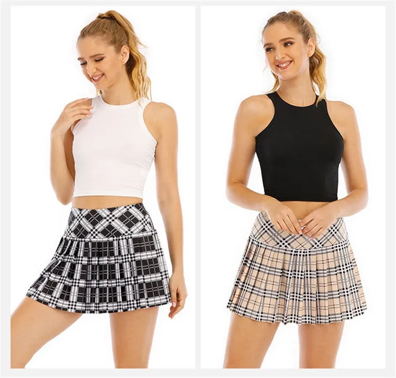 Ladies Summer Tennis Skorts High Waist Stitching Plaid Golf Yoga Dancing Running Fitness Mini Pleated Skirts With Pocket Sportswear