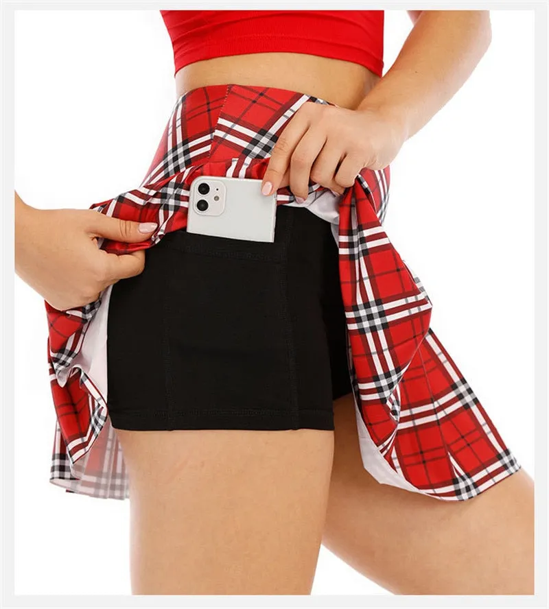 Ladies Summer Tennis Skorts High Waist Stitching Plaid Golf Yoga Dancing Running Fitness Mini Pleated Skirts With Pocket Sportswear