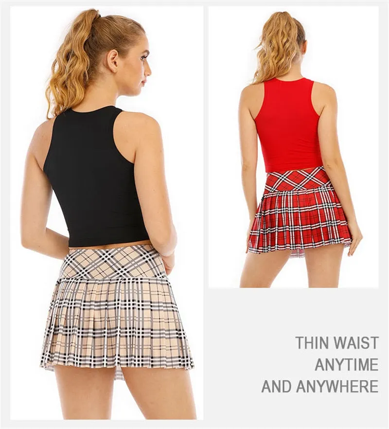 Ladies Summer Tennis Skorts High Waist Stitching Plaid Golf Yoga Dancing Running Fitness Mini Pleated Skirts With Pocket Sportswear