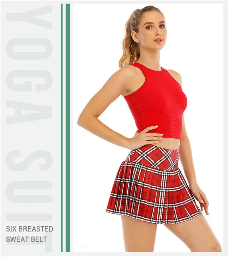 Ladies Summer Tennis Skorts High Waist Stitching Plaid Golf Yoga Dancing Running Fitness Mini Pleated Skirts With Pocket Sportswear