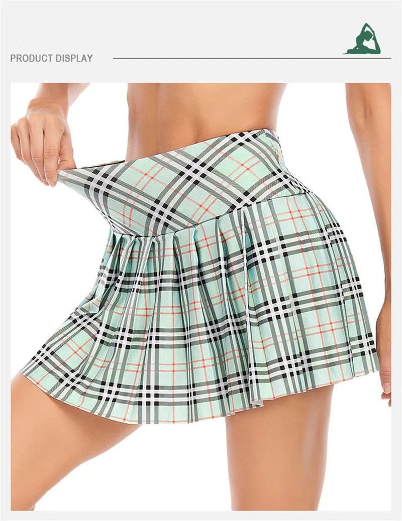 Ladies Summer Tennis Skorts High Waist Stitching Plaid Golf Yoga Dancing Running Fitness Mini Pleated Skirts With Pocket Sportswear