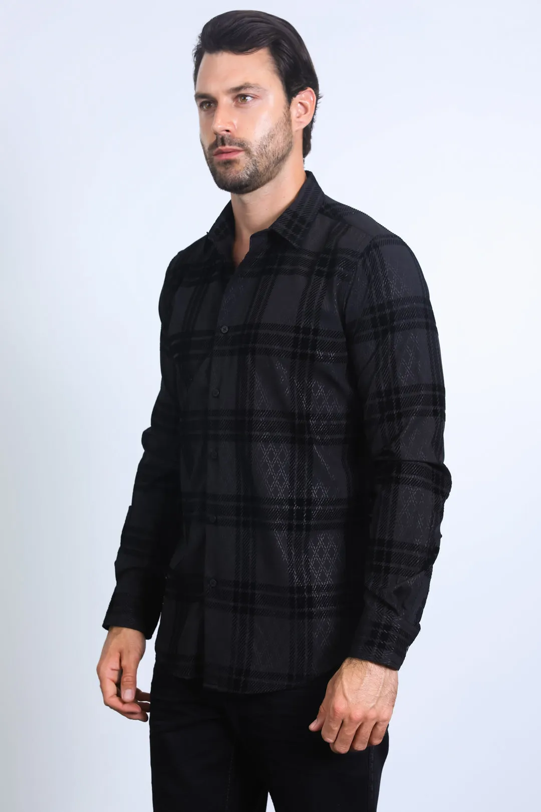 Men's Checkered Flocked Modern Fit Spandex Black Shirt