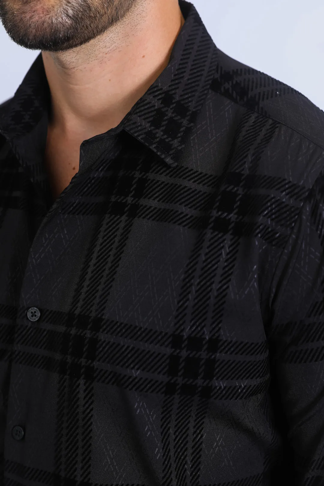 Men's Checkered Flocked Modern Fit Spandex Black Shirt