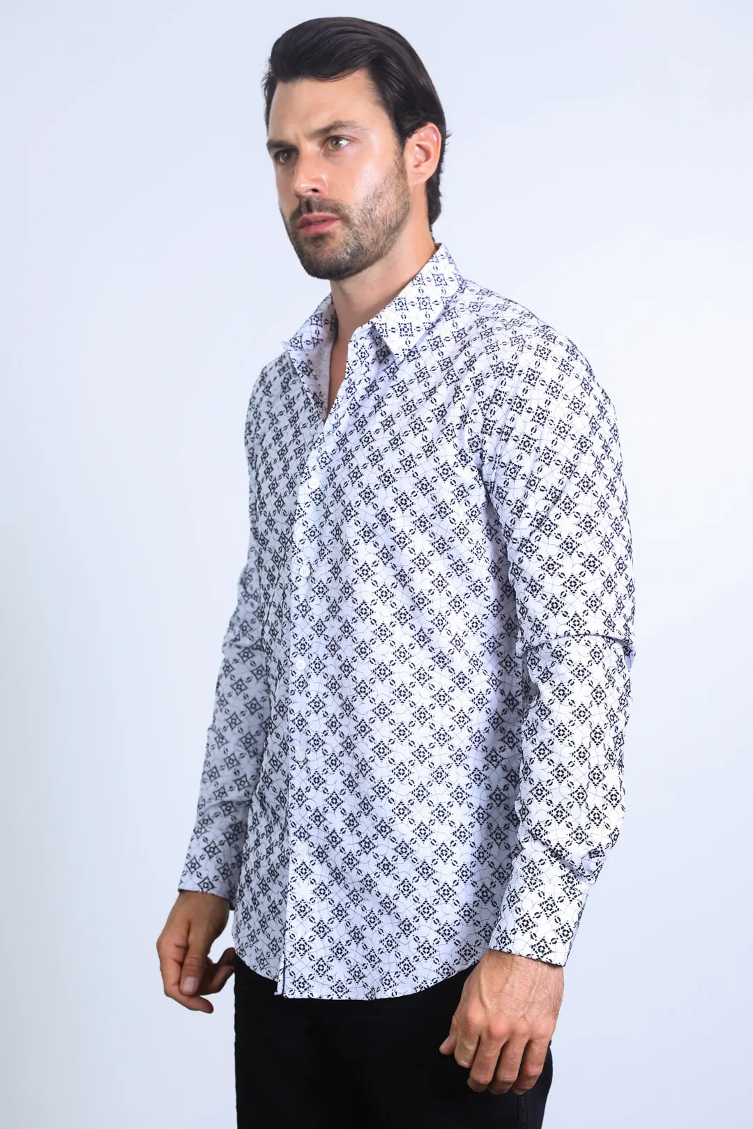Men's Flocked Style Modern Fit Spandex White Shirt