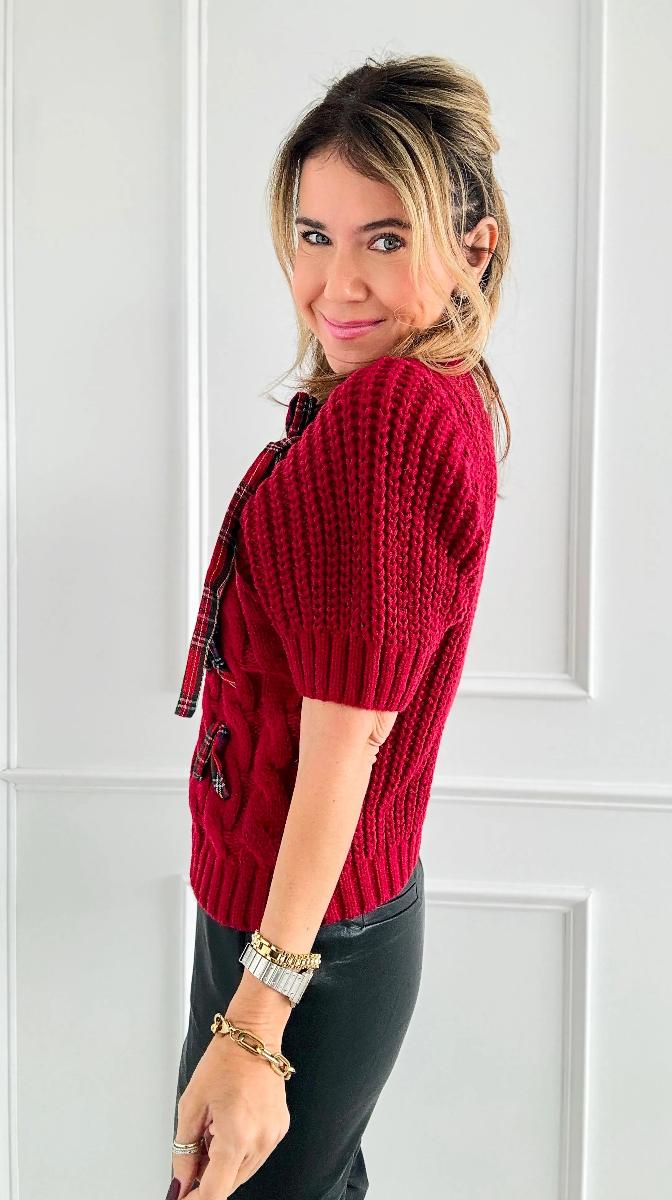 Plaid Lace-Up Cable Knit Sweater