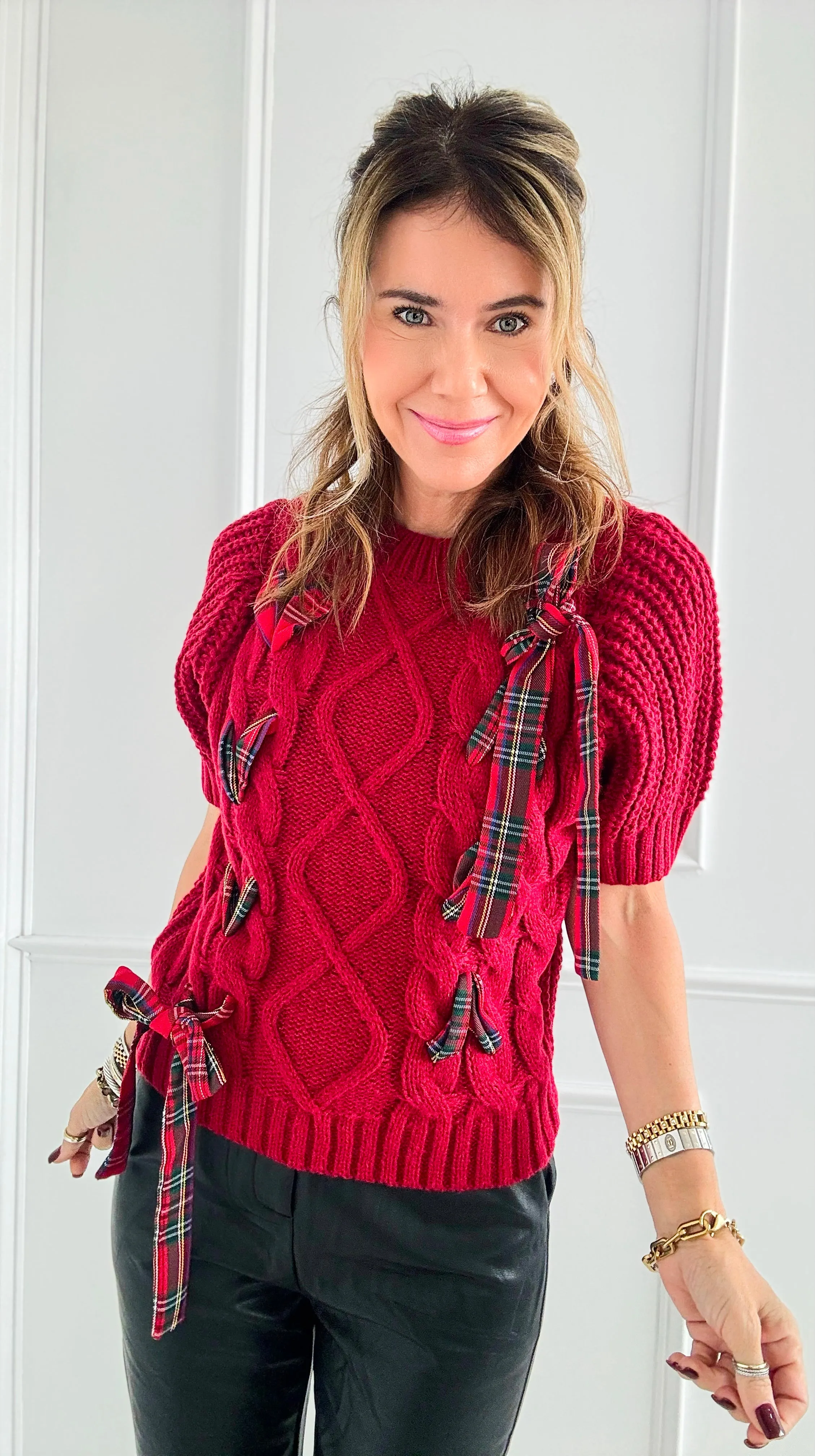 Plaid Lace-Up Cable Knit Sweater