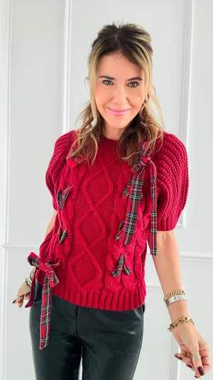 Plaid Lace-Up Cable Knit Sweater