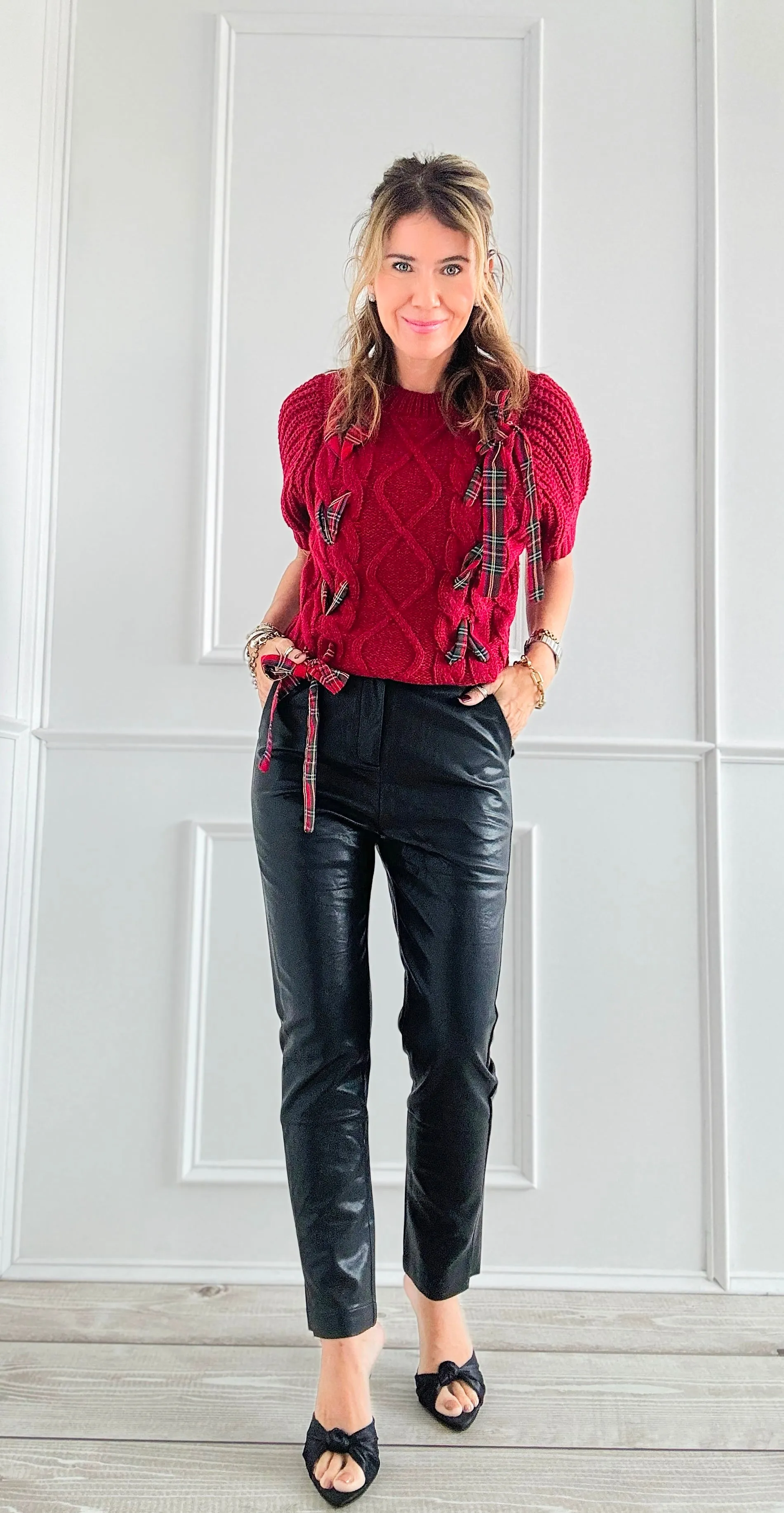 Plaid Lace-Up Cable Knit Sweater