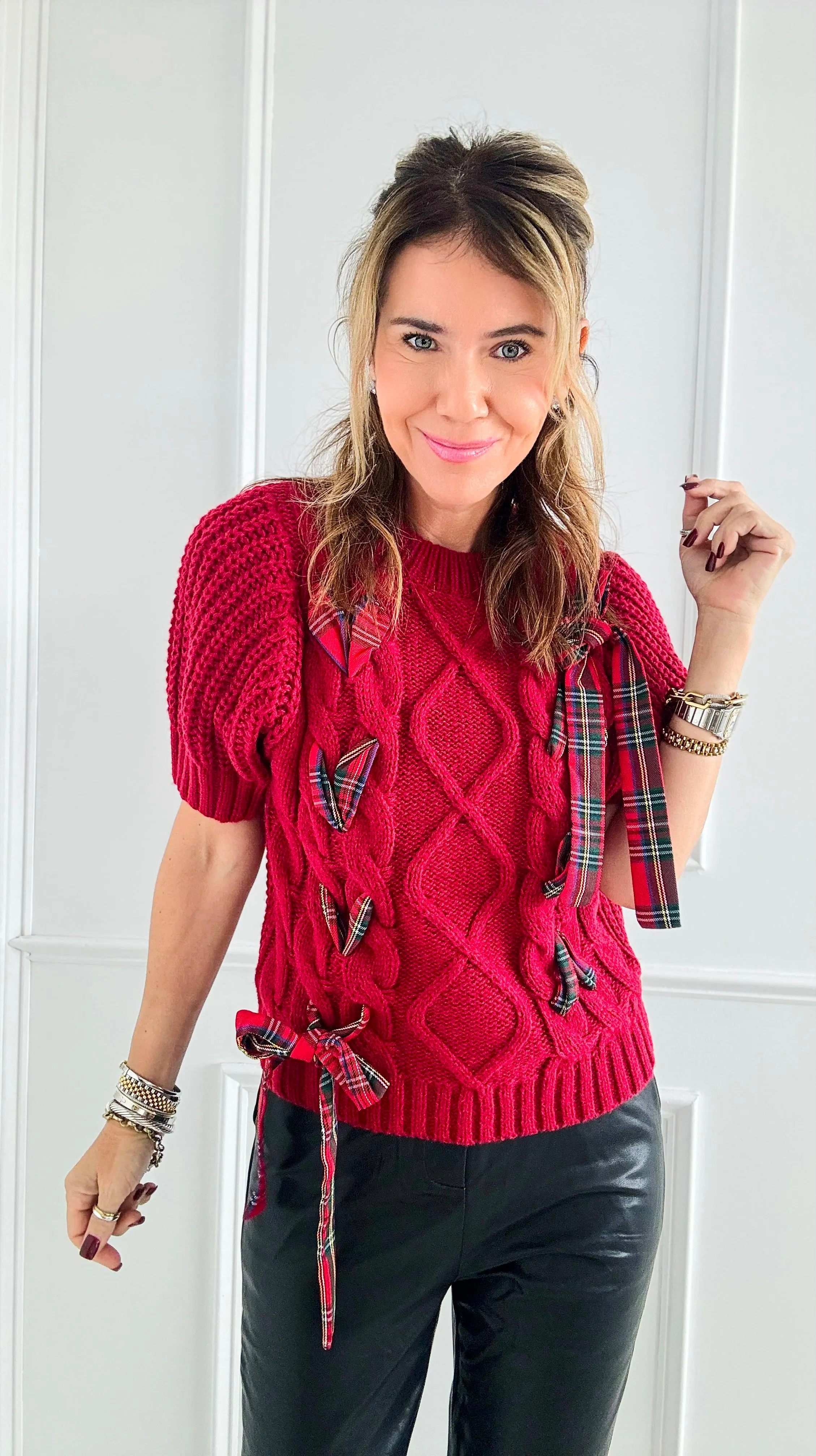 Plaid Lace-Up Cable Knit Sweater