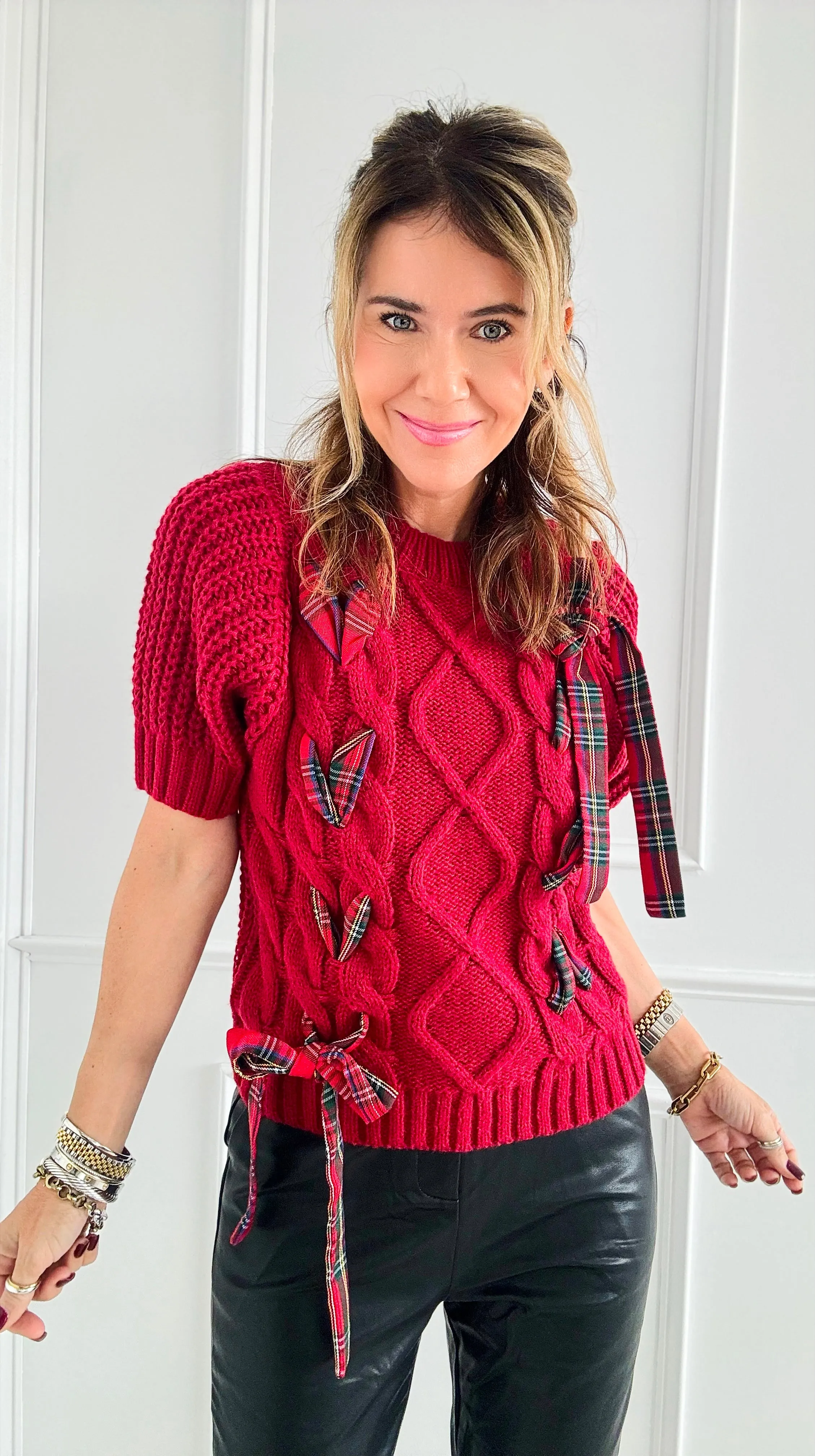 Plaid Lace-Up Cable Knit Sweater