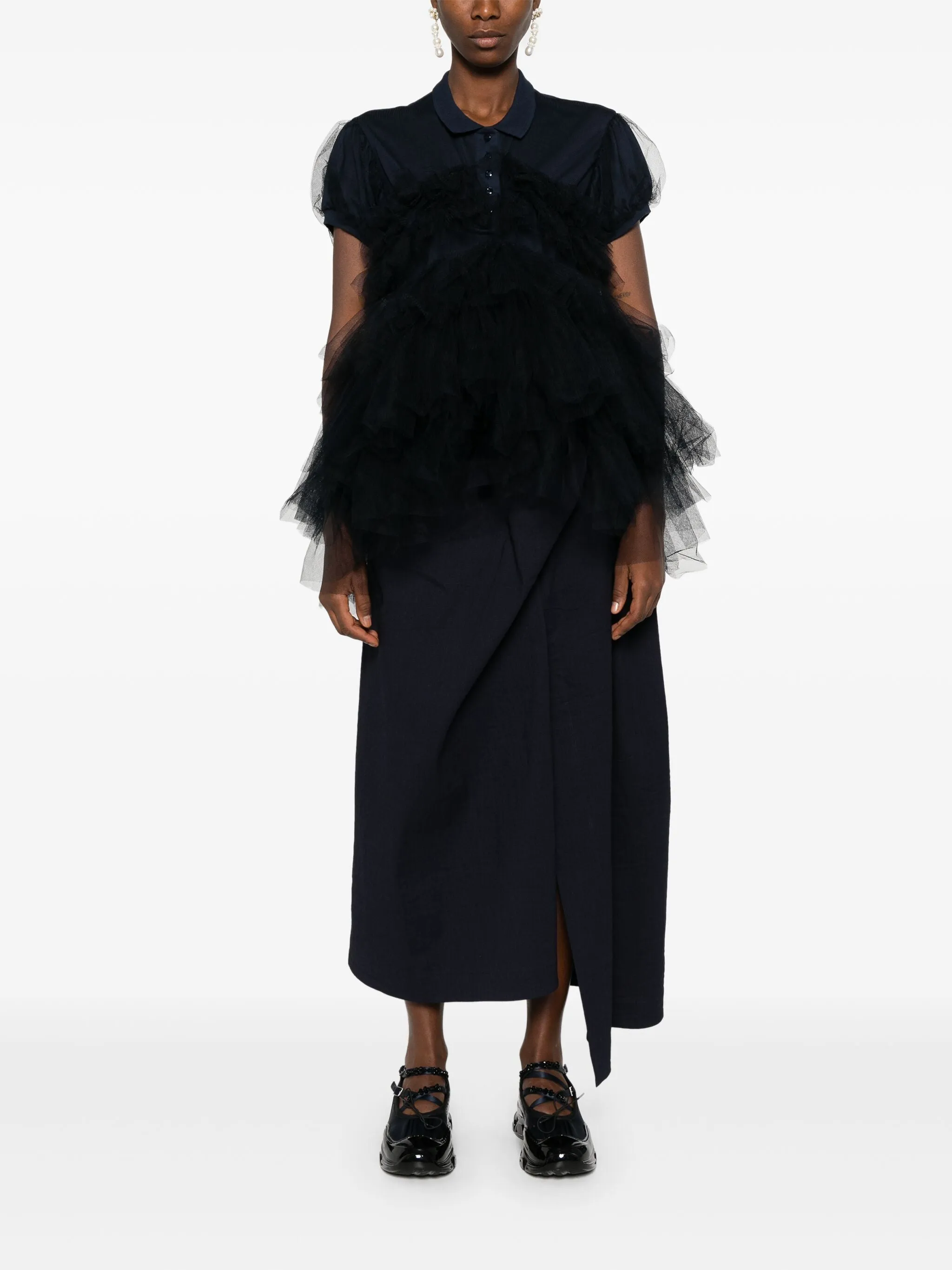 Puff Sleeve Tulle Frill Polo Shirt Dress