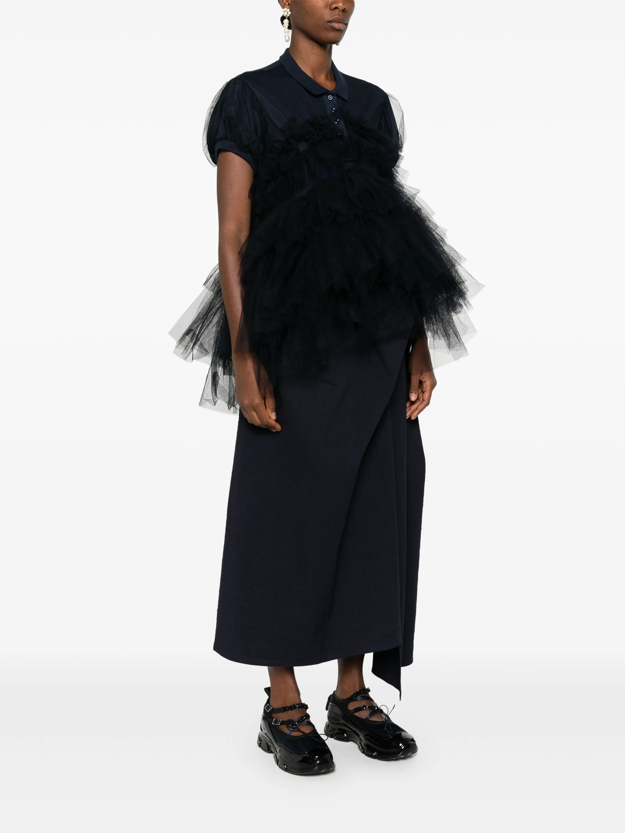 Puff Sleeve Tulle Frill Polo Shirt Dress