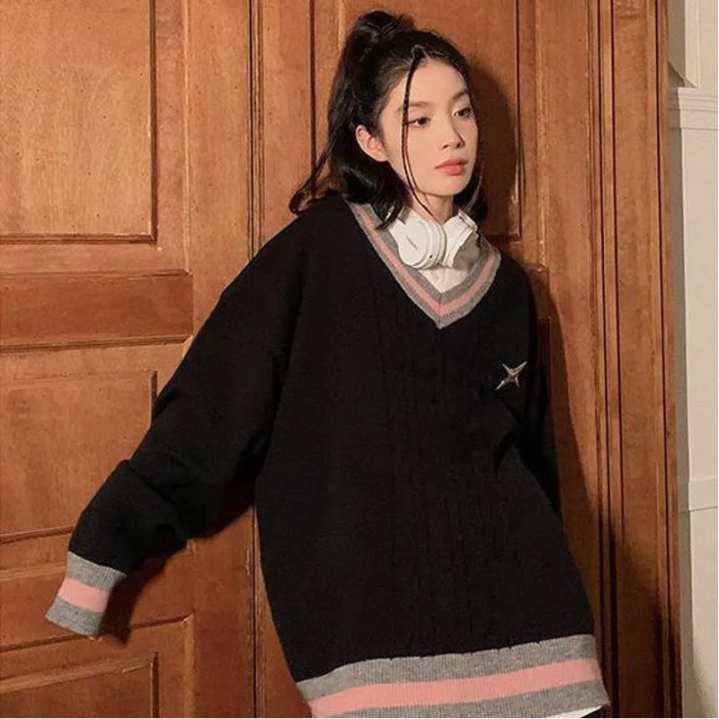 Pullover Retro Preppy Style Embroidery Patchwork Knitted Worn Outside V-Neck Sweater