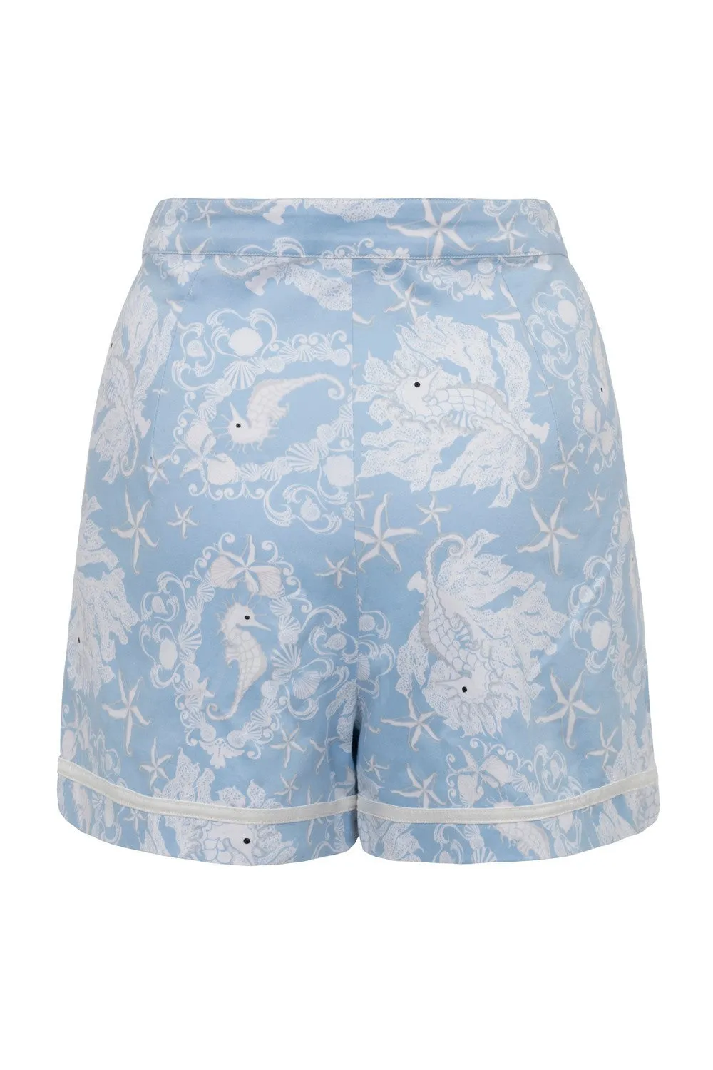 Retro Vintage Nautical Love Seahorses Print Blue Stretch High Rise Waisted Shorts